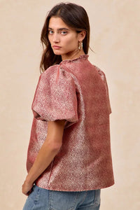 Jacquard Woven Short Balloon Sleeves Blouse
