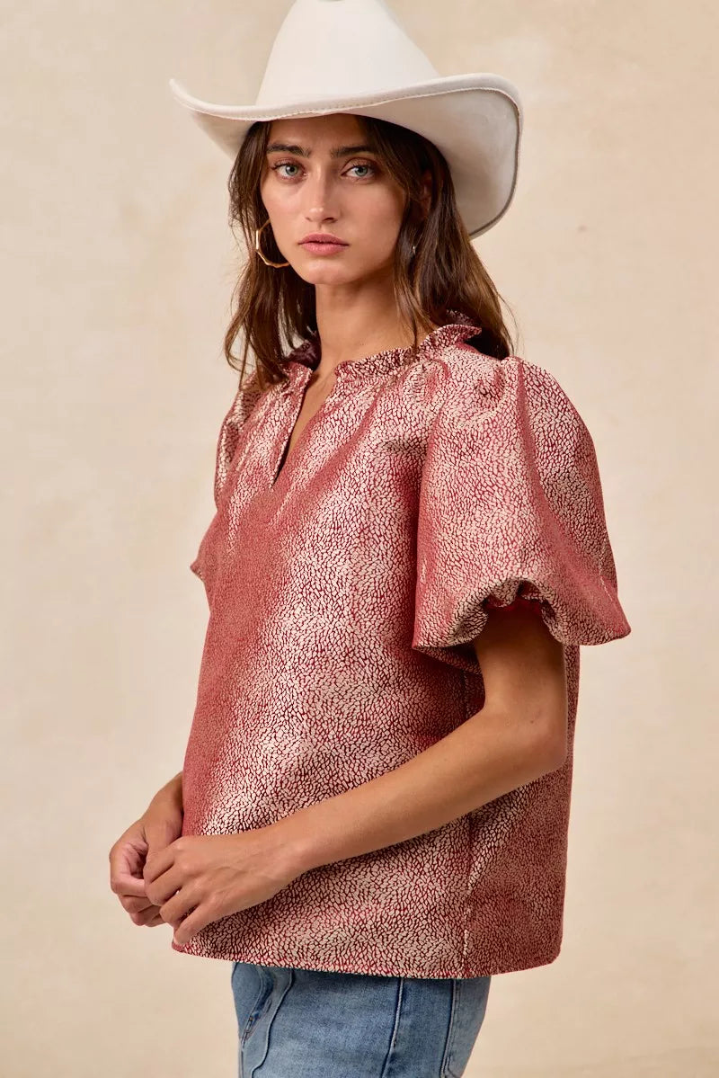 Jacquard Woven Short Balloon Sleeves Blouse