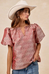 Jacquard Woven Short Balloon Sleeves Blouse