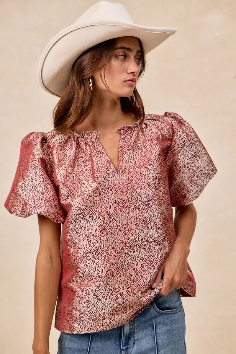 Jacquard Woven Short Balloon Sleeves Blouse