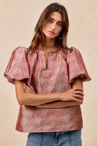 Jacquard Woven Short Balloon Sleeves Blouse