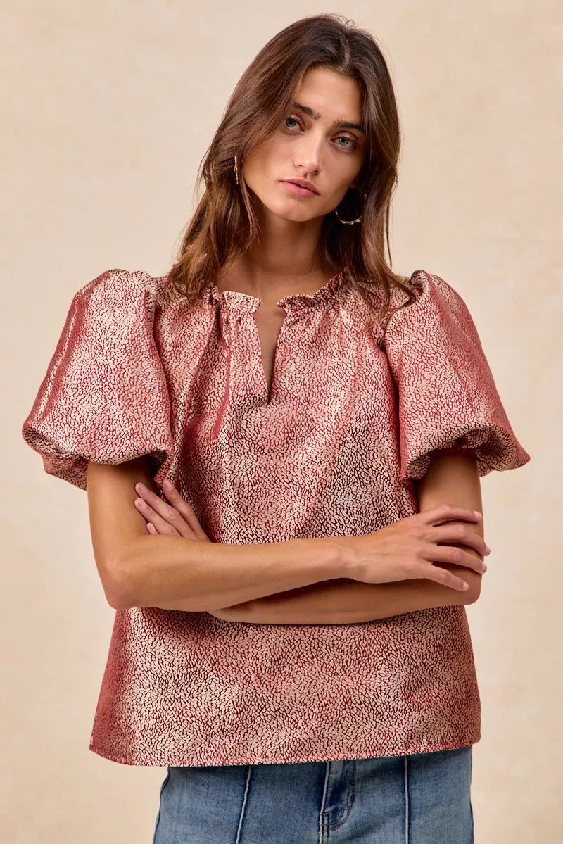 Jacquard Woven Short Balloon Sleeves Blouse