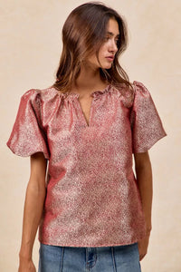 Jacquard Woven Short Balloon Sleeves Blouse