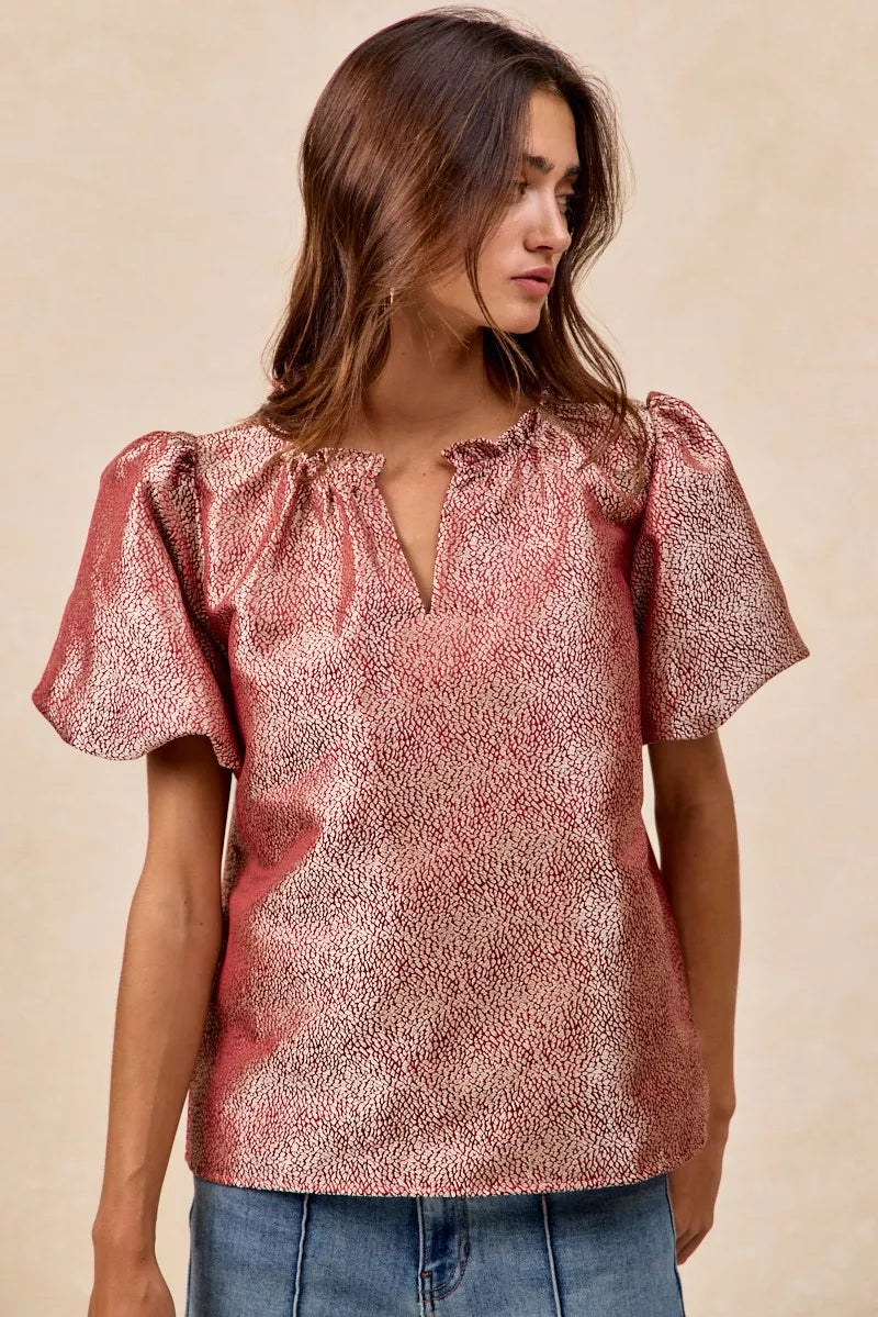 Jacquard Woven Short Balloon Sleeves Blouse