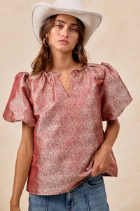 Jacquard Woven Short Balloon Sleeves Blouse