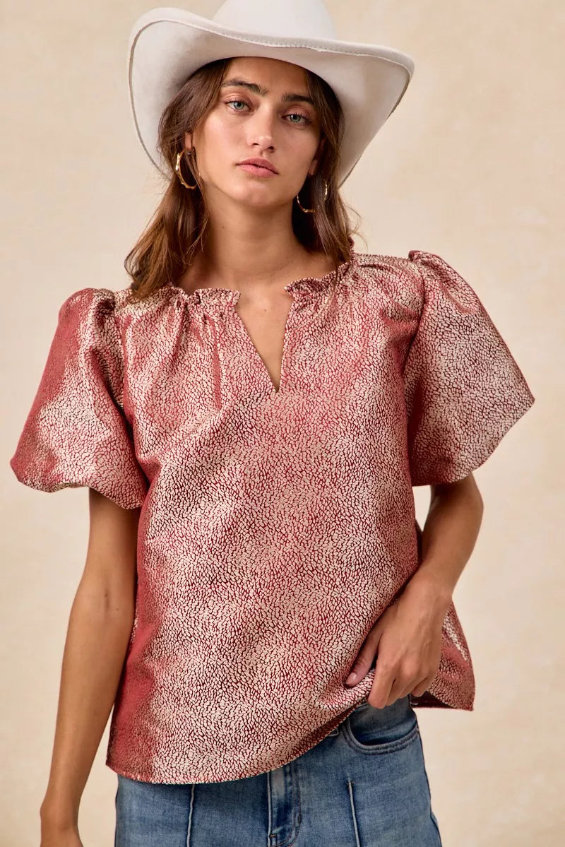 Jacquard Woven Short Balloon Sleeves Blouse