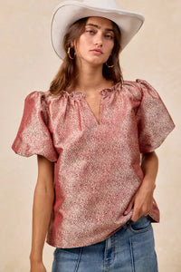 Jacquard Woven Short Balloon Sleeves Blouse