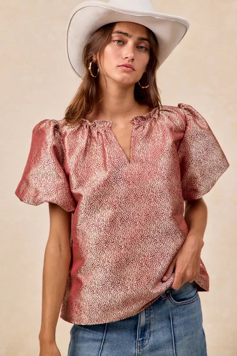 Jacquard Woven Short Balloon Sleeves Blouse