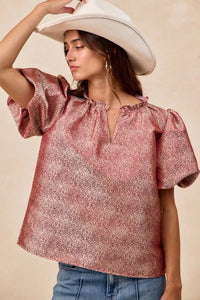 Jacquard Woven Short Balloon Sleeves Blouse