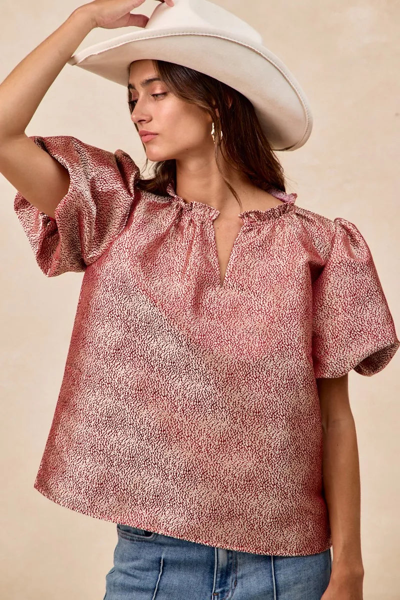 Jacquard Woven Short Balloon Sleeves Blouse