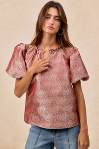 Jacquard Woven Short Balloon Sleeves Blouse