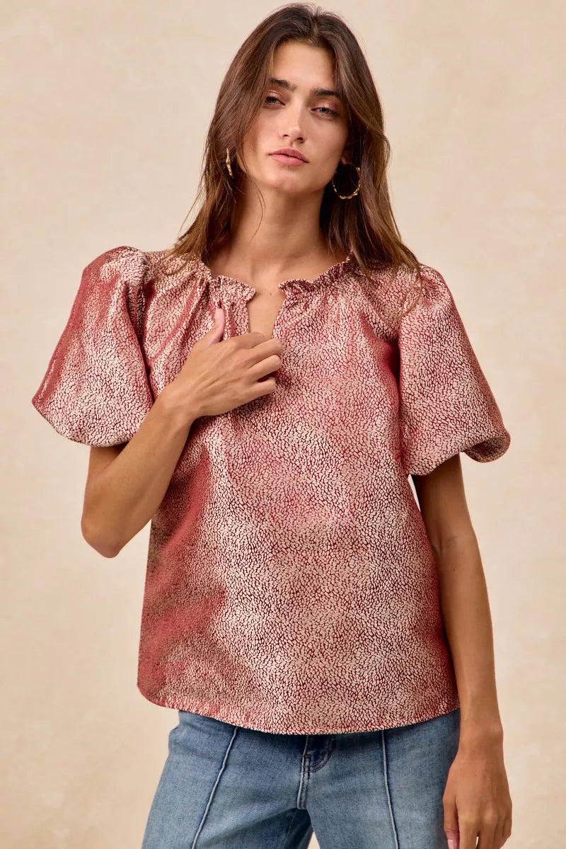 Jacquard Woven Short Balloon Sleeves Blouse