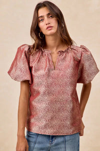 Jacquard Woven Short Balloon Sleeves Blouse