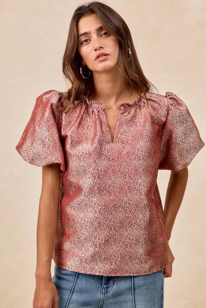 Jacquard Woven Short Balloon Sleeves Blouse