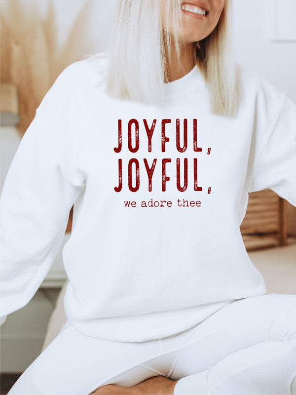 Joyful, Joyful, We Adore Thee Sweatshirt-Joyful, Joyful, We Adore Thee sweatshirt. Cozy faith-inspired fleece pullover in neutral tone with bold red lettering—perfect for casual holiday style.-Reef Love