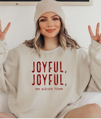 Joyful, Joyful, We Adore Thee Sweatshirt-Joyful, Joyful, We Adore Thee sweatshirt. Cozy faith-inspired fleece pullover in neutral tone with bold red lettering—perfect for casual holiday style.-Reef Love