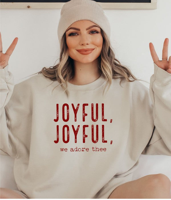 Joyful, Joyful, We Adore Thee Sweatshirt-Joyful, Joyful, We Adore Thee sweatshirt. Cozy faith-inspired fleece pullover in neutral tone with bold red lettering—perfect for casual holiday style.-Reef Love