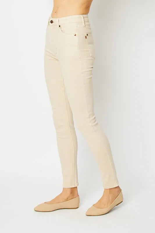 Judy Blue Cream Garment Dyed Tummy Control Skinny Jeans-Skinny Jeans-Judy Blue-Reef Love