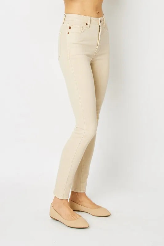 Judy Blue Cream Garment Dyed Tummy Control Skinny Jeans-Skinny Jeans-Judy Blue-Reef Love
