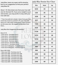 Judy Blue Jeans size chart with waist and hip measurements.