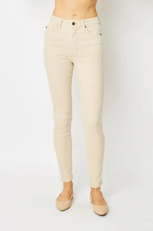 Judy Blue Cream Garment Dyed Tummy Control Skinny Jeans-Skinny Jeans-Judy Blue-BONE-0(24)-Reef Love