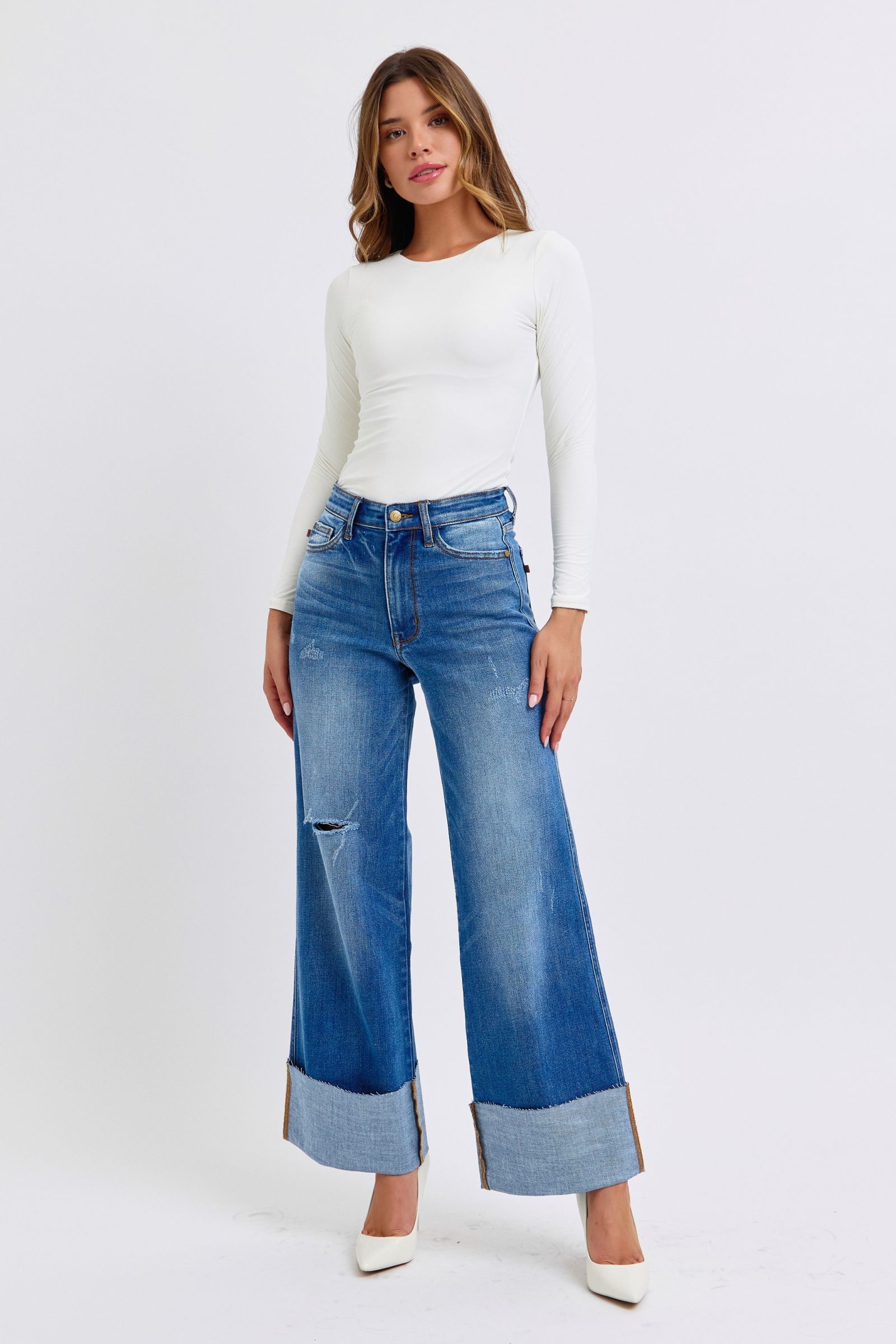 Judy Blue Distressed High Waist Wide-Leg Jeans