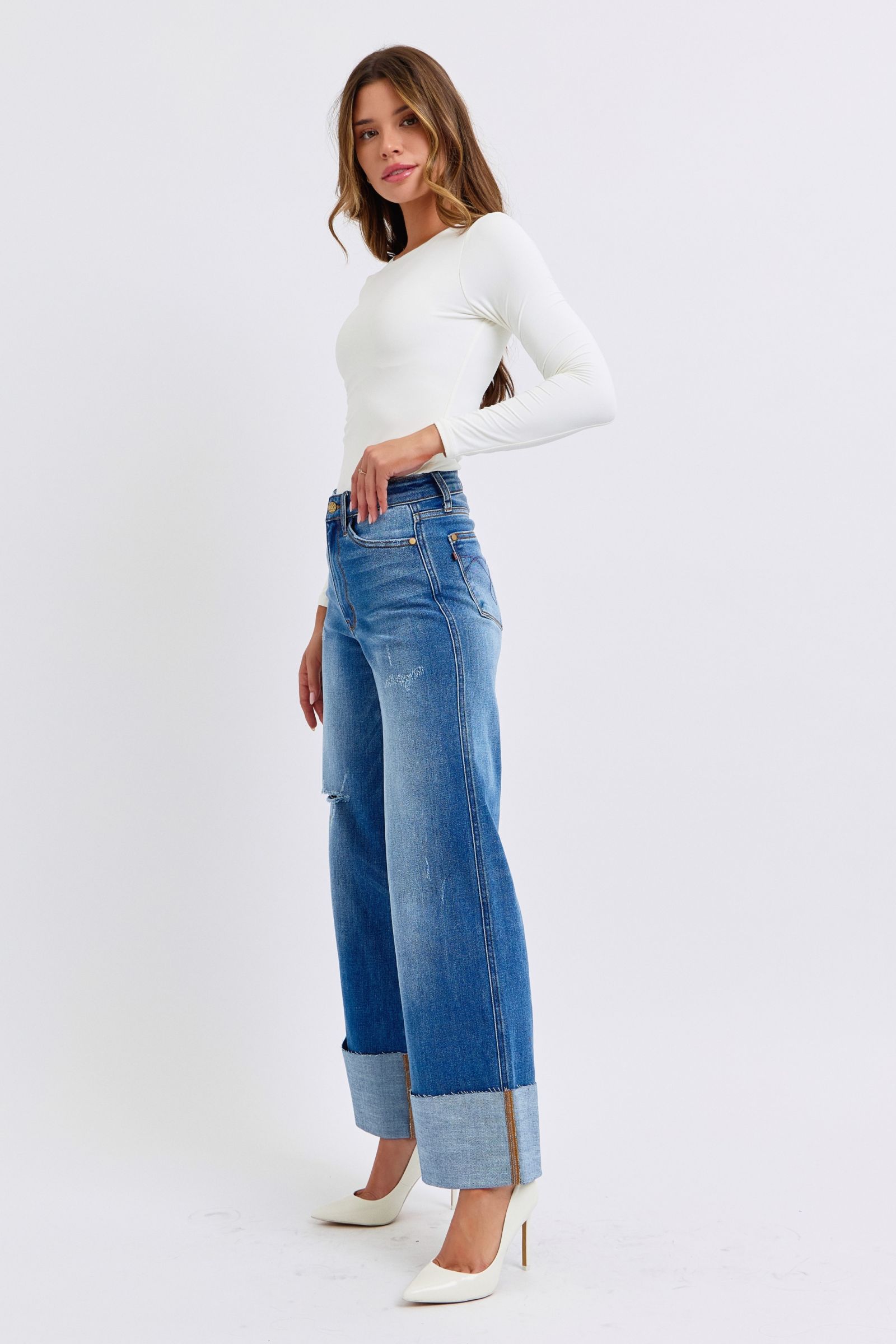 Judy Blue Distressed High Waist Wide-Leg Jeans
