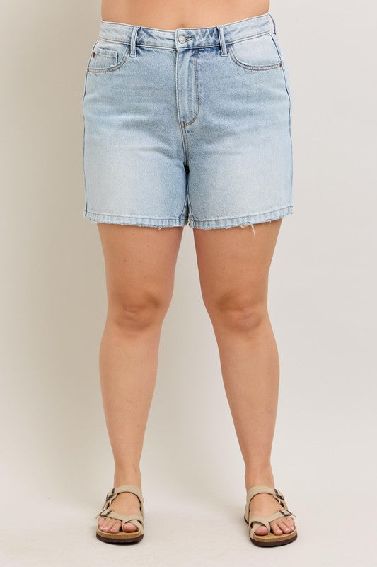 Judy Blue Frayed Hem High Rise Denim Shorts with Pockets - Reef Love