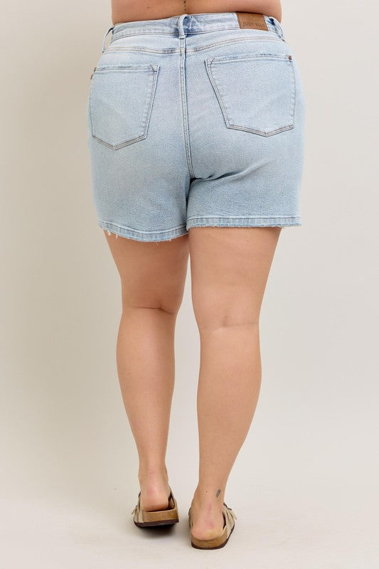 Judy Blue Frayed Hem High Rise Denim Shorts with Pockets - Reef Love