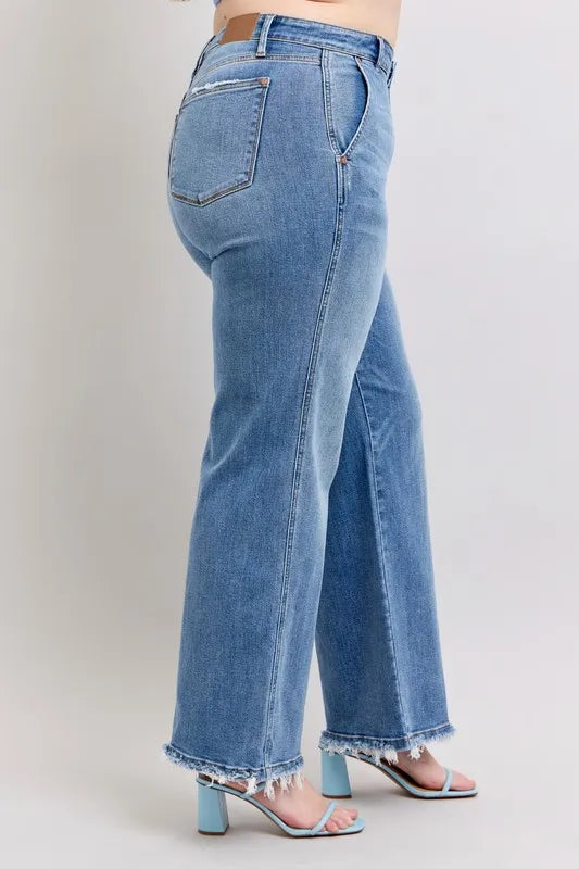 Judy Blue Full Size Raw Hem Wide Leg Jeans-Reef Love