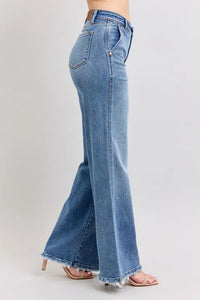 Judy Blue Full Size Raw Hem Wide Leg Jeans-Reef Love