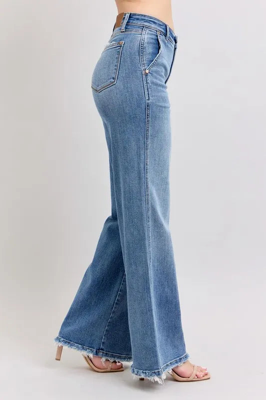 Judy Blue Full Size Raw Hem Wide Leg Jeans-Reef Love