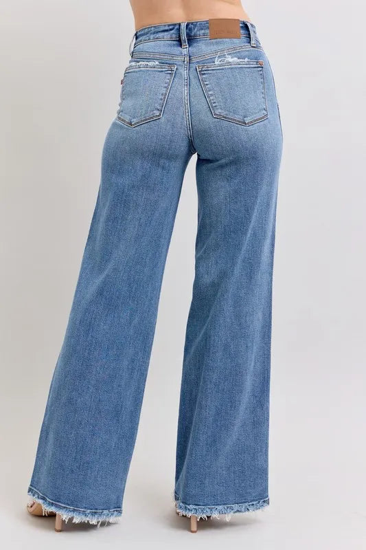 Judy Blue Full Size Raw Hem Wide Leg Jeans-Reef Love