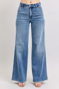 Judy Blue Full Size Raw Hem Wide Leg Jeans-Reef Love