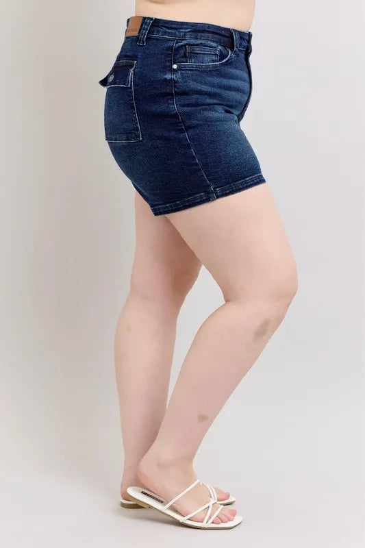 Judy Blue Full Size High Waist Back Flap Pocket Denim Shorts Plus Size-Jean Shorts-Reef Love