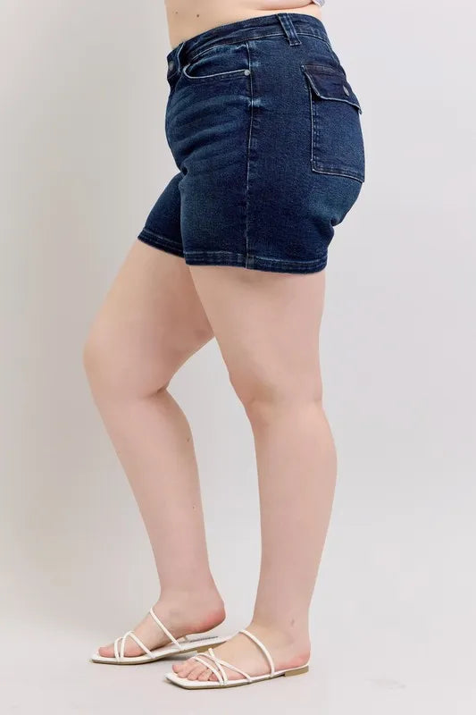 Judy Blue Full Size High Waist Back Flap Pocket Denim Shorts Plus Size-Jean Shorts-Reef Love