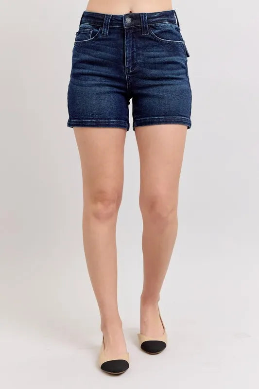 Judy Blue Full Size High Waist Back Flap Pocket Denim Shorts Plus Size-Jean Shorts-Reef Love