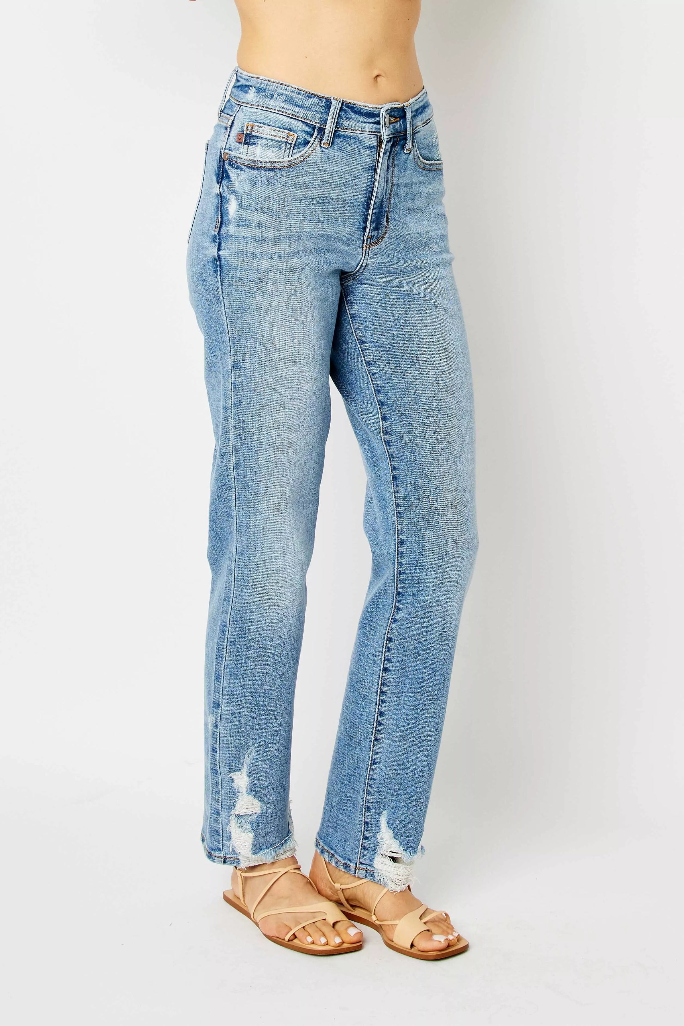 Judy Blue High Waist Straight Jeans with Heavy Destroy