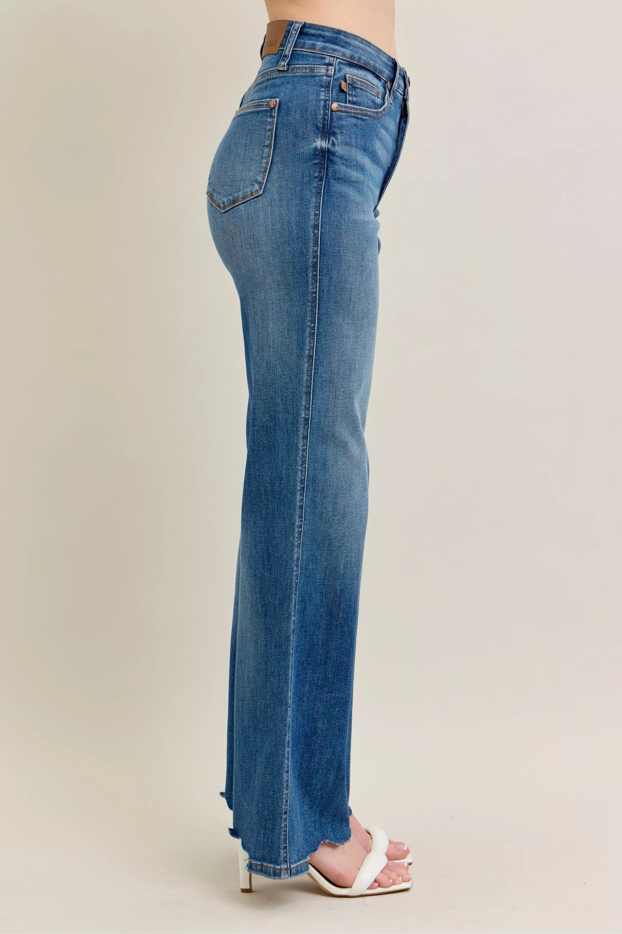 Judy Blue High Waist Tummy Control Chew Hem Destroy Wide Jeans- Boho Chic Styles by Reef Love