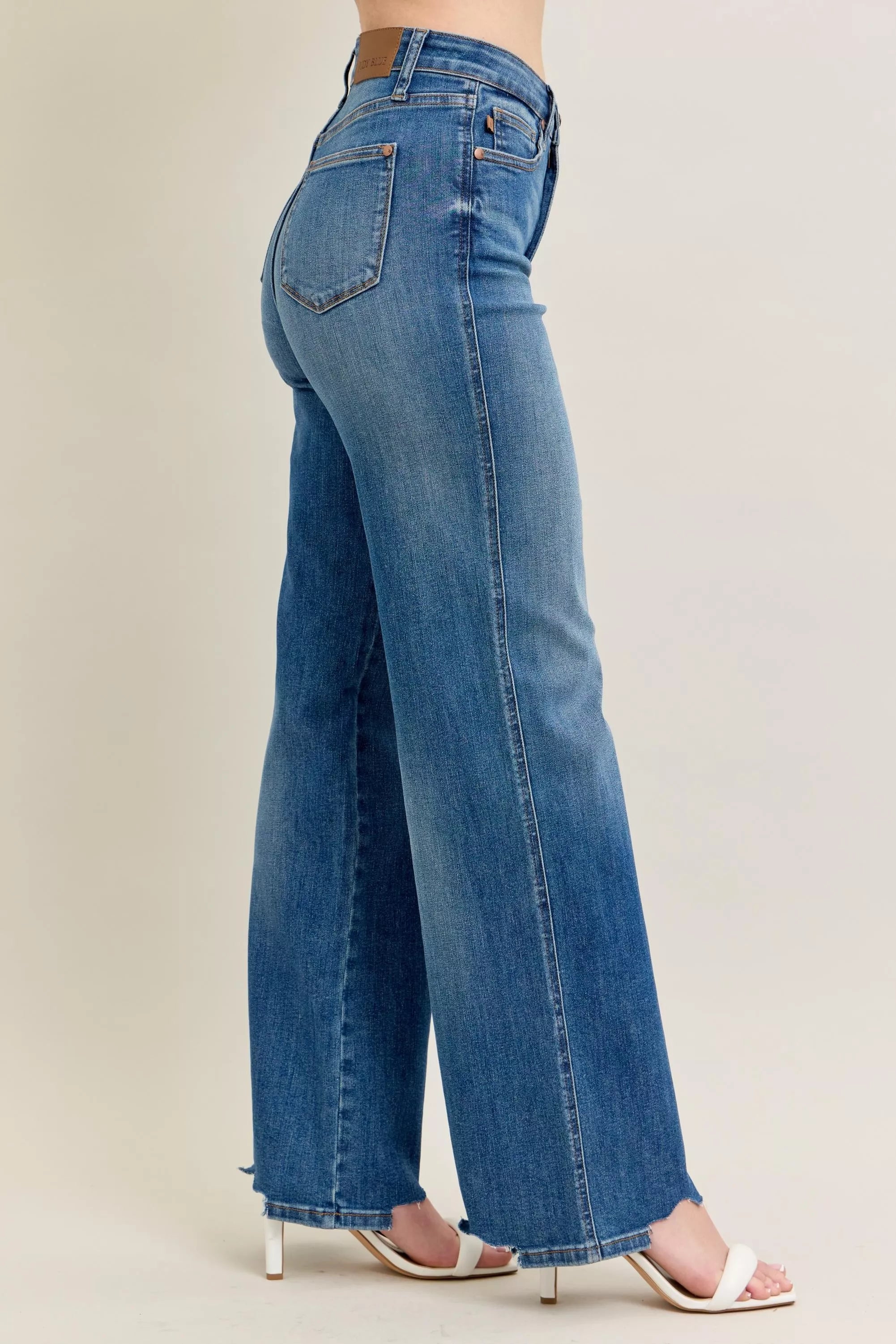 Judy Blue High Waist Tummy Control Chew Hem Destroy Wide Jeans- Boho Chic Styles by Reef Love