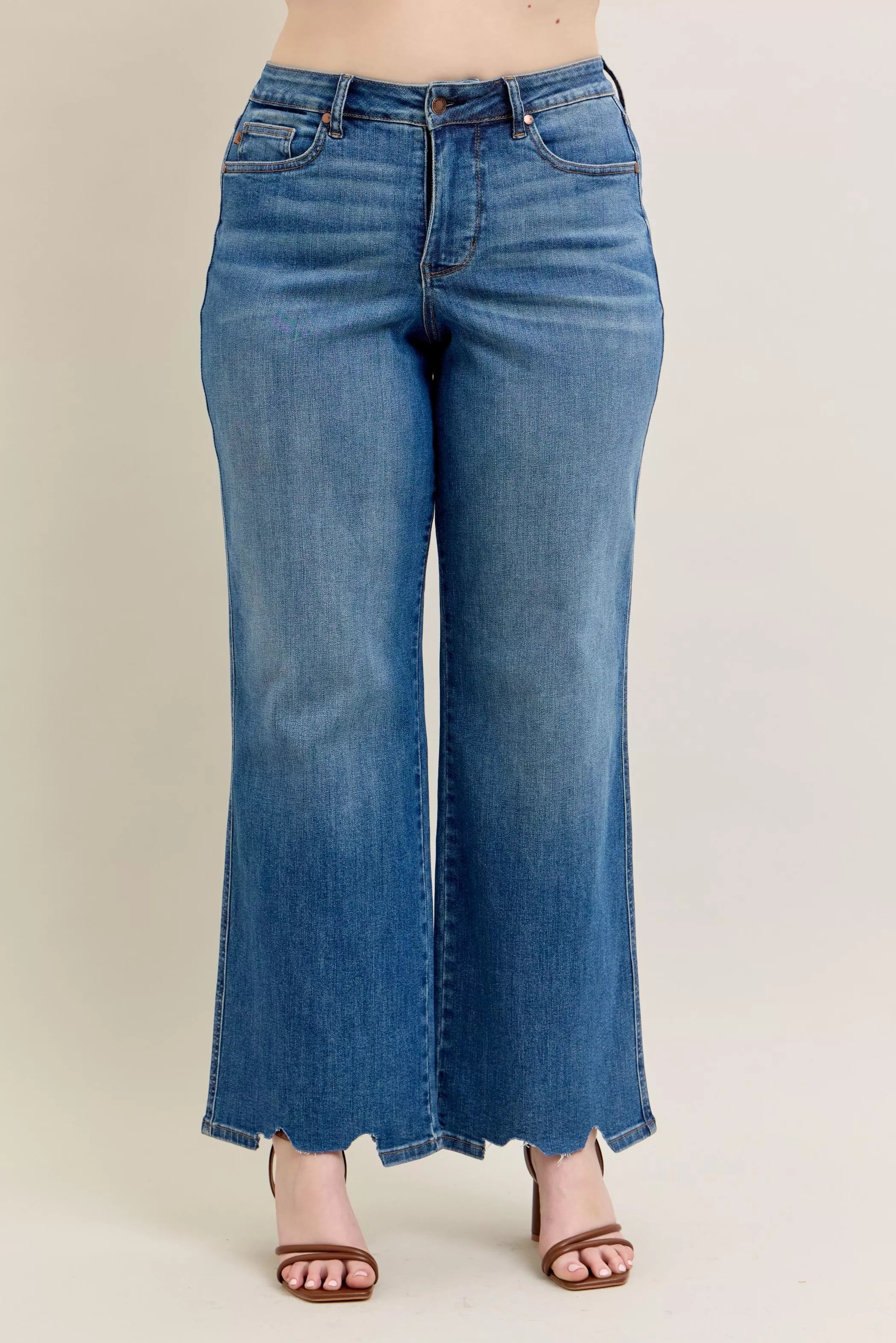 Judy Blue High Waist Tummy Control Chew Hem Destroy Wide Jeans- Boho Chic Styles by Reef Love