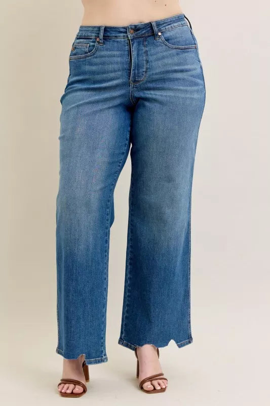 Judy Blue High Waist Tummy Control Chew Hem Destroy Wide Jeans- Boho Chic Styles by Reef Love