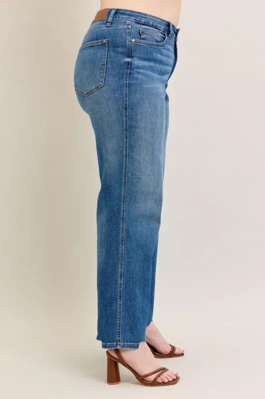 Judy Blue High Waist Tummy Control Chew Hem Destroy Wide Jeans- Boho Chic Styles by Reef Love