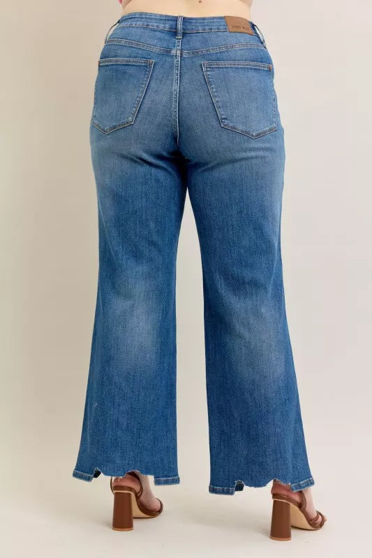 Judy Blue High Waist Tummy Control Chew Hem Destroy Wide Jeans- Boho Chic Styles by Reef Love