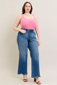 Judy Blue High Waist Tummy Control Chew Hem Destroy Wide Jeans- Boho Chic Styles by Reef Love