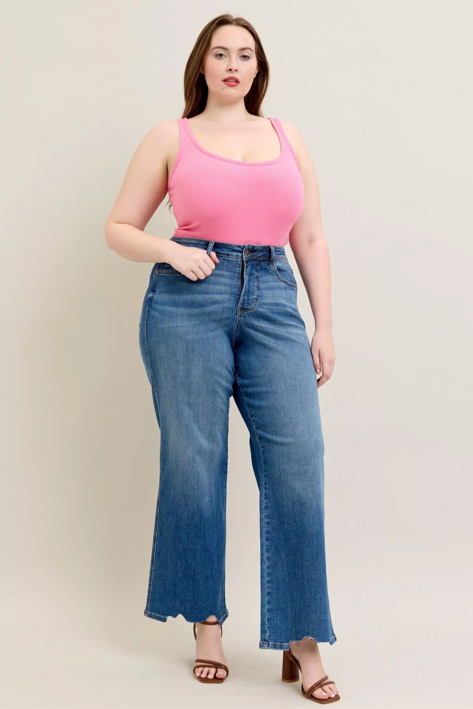 Judy Blue High Waist Tummy Control Chew Hem Destroy Wide Jeans- Boho Chic Styles by Reef Love