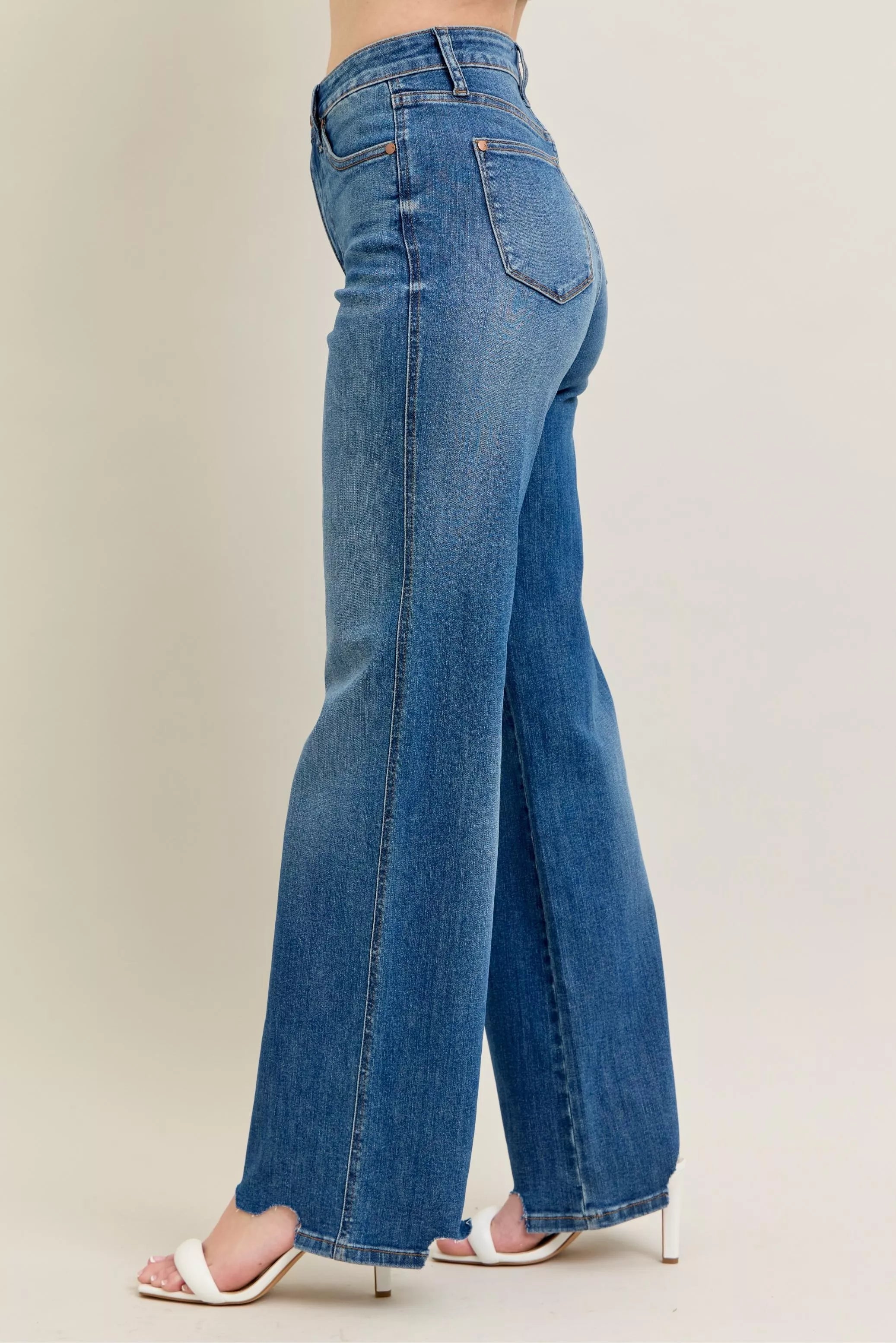 Judy Blue High Waist Tummy Control Chew Hem Destroy Wide Jeans- Boho Chic Styles by Reef Love