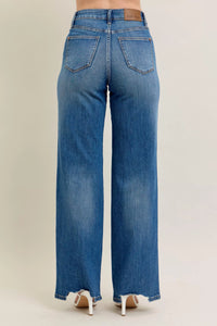 Judy Blue High Waist Tummy Control Chew Hem Destroy Wide Jeans- Boho Chic Styles by Reef Love