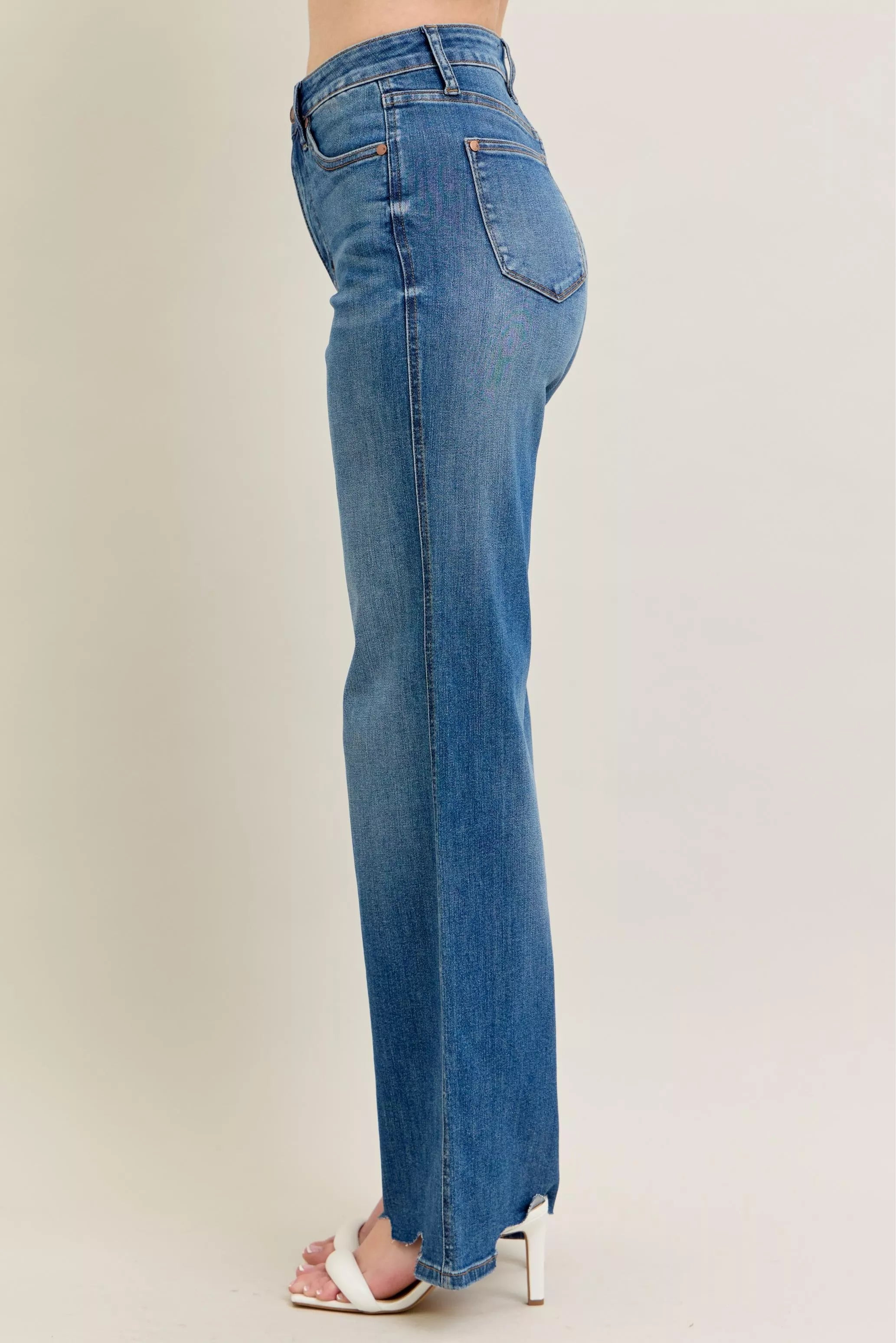 Judy Blue High Waist Tummy Control Chew Hem Destroy Wide Jeans- Boho Chic Styles by Reef Love