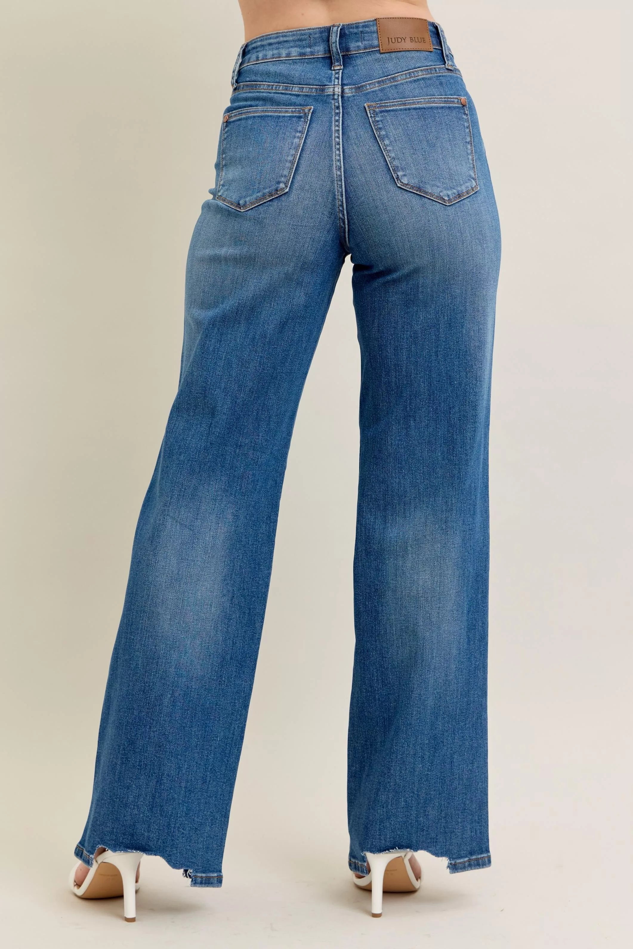 Judy Blue High Waist Tummy Control Chew Hem Destroy Wide Jeans- Boho Chic Styles by Reef Love